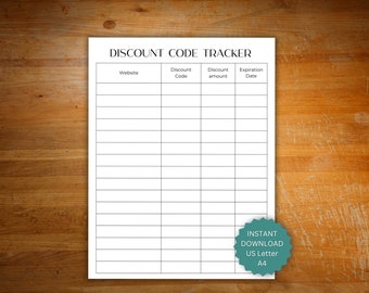 Rabatt-Code-Tracker, druckbares Gutschein-Code-Tracker, Online-Rabatt-Code-Bewahrer, Rabatt-Tracker für Kleinunternehmen Online-Business-Promo-Tracker