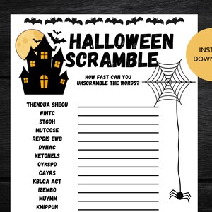 Halloween party game printable for classroom, restaurant game for kids, Halloween party game for kids, adults, seniors, word scramble game