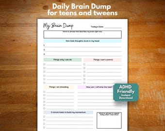 ADHD brain dump for teens, ADHD Daily Planner for teens, ADHD planning worksheet, homework and activity tracker for teens and tweens