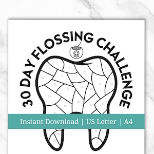 Seguimiento del uso del hilo dental para niños o adultos, desafío de uso del hilo dental de 30 días para imprimir por parte del dentista, seguimiento de hábitos para niños, página para colorear, seguimiento de salud para adultos