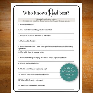 Father&#39;s Day game for family, Who knows dad the best game, printable fathers day game, game for dad&#39;s birthday, printable family game dad