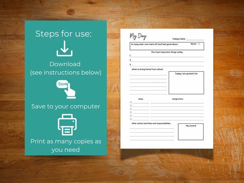 May include: A printable worksheet titled "My Day" with sections for daily tasks, gratitude, and schoolwork. The worksheet includes a checklist for completing tasks and a space for writing down assignments. The worksheet is designed to help people stay organized and focused throughout the day.