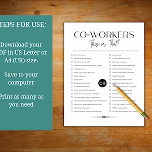 May include: A printable "This or That?" game for colleagues. The game features a list of questions about work preferences, such as "Come in early" or "Leave early", "Formal business attire" or "My best jeans and shirt", and "Eat alone at my desk" or "Eat with colleagues".