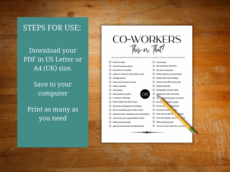 May include: A printable "This or That?" game for colleagues. The game features a list of questions about work preferences, such as "Come in early" or "Leave early", "Formal business attire" or "My best jeans and shirt", and "Eat alone at my desk" or "Eat with colleagues".