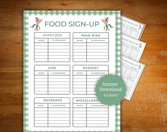 Food signup sheet, potluck sign up sheet, summer party sign up sheet, church potluck sign up sheet, food sign-up printable, backyard party