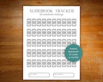 May include: A printable audiobook tracker with a black and white design. The tracker features 50 icons of a phone with a play button, representing 50 audiobooks to listen to. The text "Audiobook Tracker" and "50 audiobooks challenge" is at the top of the page. The text "Date started" and "Date completed" is at the bottom of the page. The text "Instant download! US Letter or A4 (UK)" is in a circle at the bottom right corner of the page.