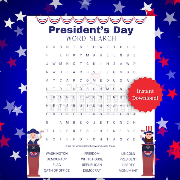 President's Day printable game word search for classroom, home school US History, elementary school President's Day activity for library