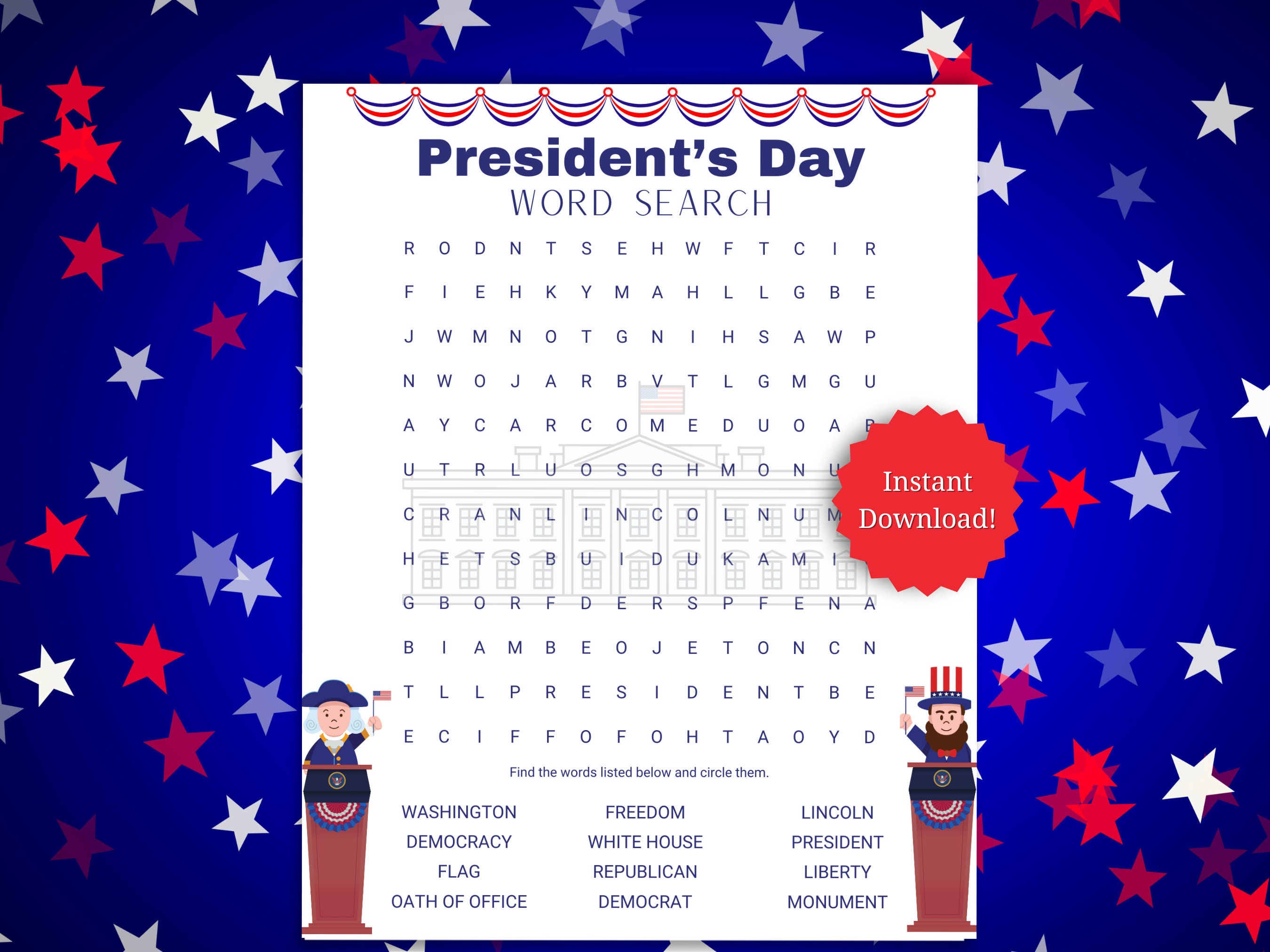 president's day printable game word search for classroom, home