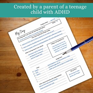 May include: A printable worksheet titled "My Day" for a teenager with ADHD. The worksheet includes sections for daily tasks, gratitude, assignments, after-school activities, and rewards. The worksheet is designed to help teenagers with ADHD stay organized and on track.