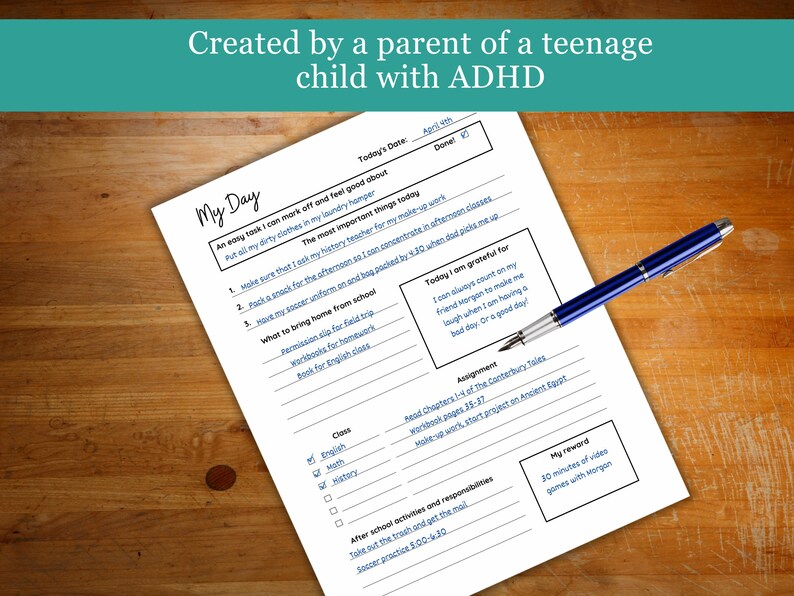 May include: A printable worksheet titled "My Day" for a teenager with ADHD. The worksheet includes sections for daily tasks, gratitude, assignments, after-school activities, and rewards. The worksheet is designed to help teenagers with ADHD stay organized and on track.
