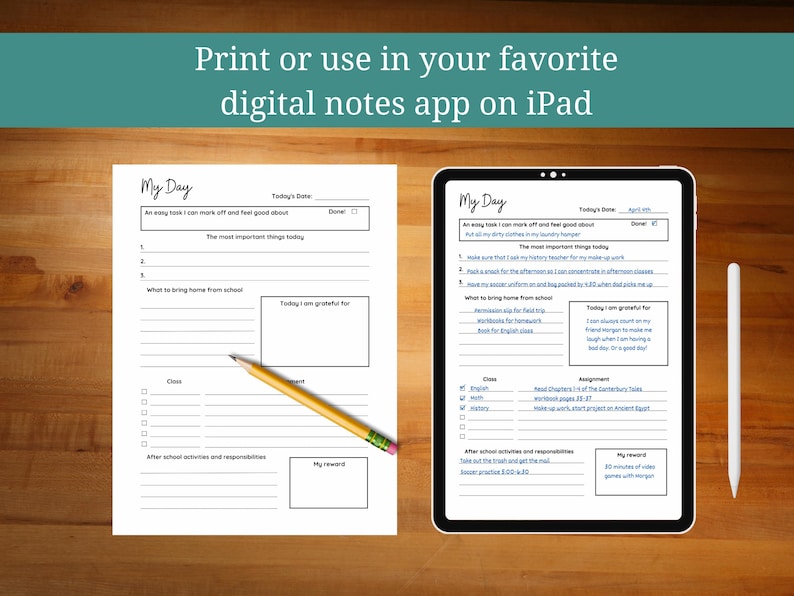 May include: Two printable daily planner pages with the title "My Day" on a woodgrain background. The pages include sections for "An easy task I can mark off and feel good about", "The most important things today", "What to bring home from school", "Today I am grateful for", "Class", "After school activities and responsibilities", and "My reward".