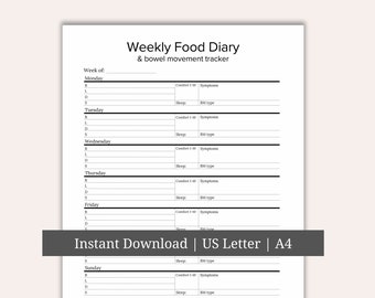Food diary and bowel movement tracker, food sensitivity symptom tracker, weekly food tracker, BM tracker