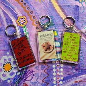 90s vintage 3 keychains bundle &quot;the perfect man...&quot; &quot;I haven&#39;t found mr. Right...&quot; &quot;... quit school&quot; phrases quotes boyfriend memorabilia