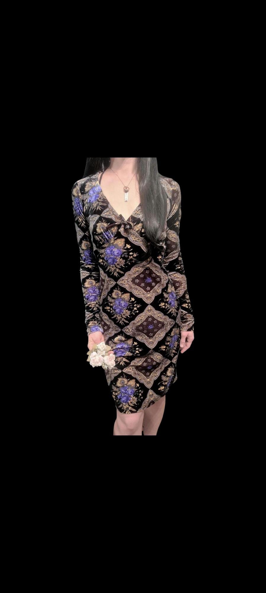 betsey johnson purple velvet dress 90s Betsey Johnson Embroidered Stretch Velvet Empire Waist Flirty Mini Dress