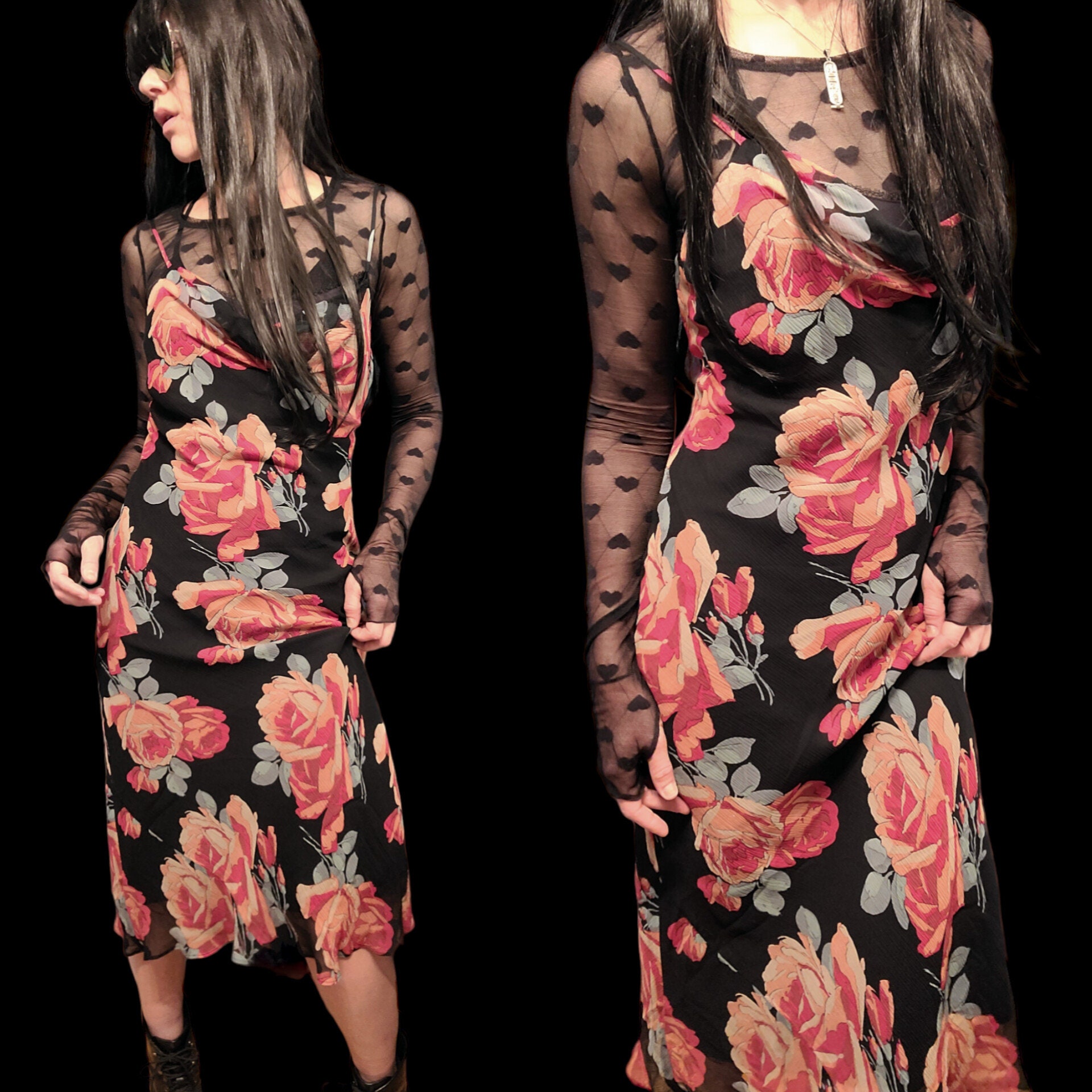 ドレス【Betsey Johnson】Rosie Sheer Maxi Dress Black Red Betsey Johnson New York Red Roses Sheer Slip Maxi Dress NWT