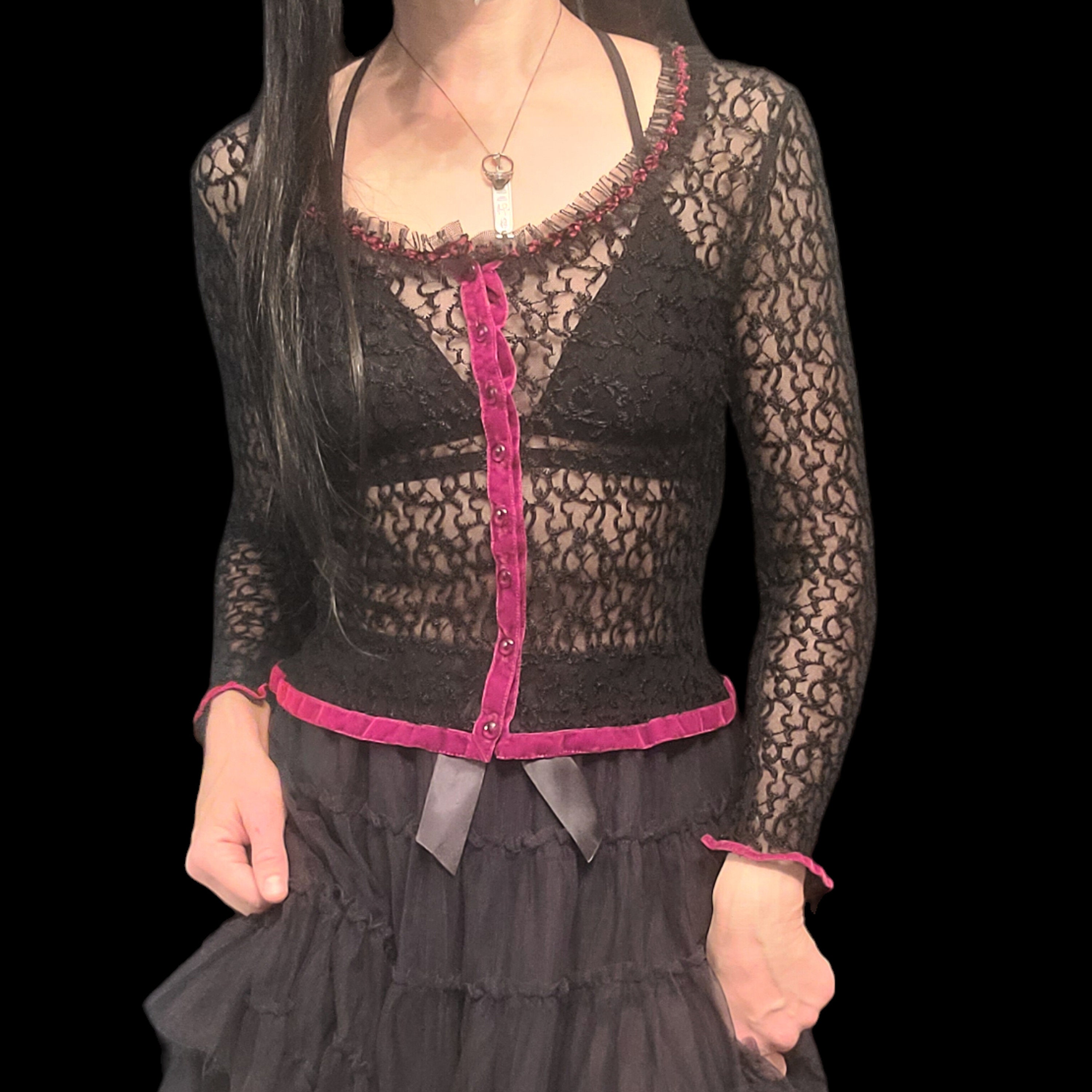Betsey Johnson Vintage Black Lace Red Velvet Button Down