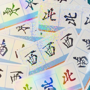 Op de afbeelding: Een verzameling holografische stickers met Chinese karakters, waaronder "Oost" en "Noord", in verschillende kleuren. De stickers zijn rechthoekig met een witte achtergrond en een blauwe rand. Close-up.
