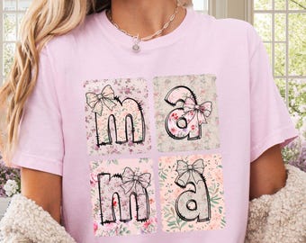 Comfort Colors Mama Shirt, Floral Mom Tshirt, Coquette Bow Mama T-Shirt, Spring Mama Shirt, Springtime Mom Tee,Mothers Day Gift,New Mom Gift