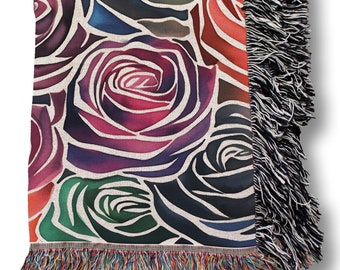 Floral Woven Blanket, Rose Pattern Woven Throw Blanket, Perfect Gift for Her, Oversized Blanket, Christmas Gift For Mom, Cotton Winter Throw