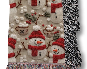 Festive Snowman Woven Throw Blanket, Winter Decor, Blanket Gift For Her, Oversized Blanket, Gift For Mom, Christmas Holiday Throw Blanket