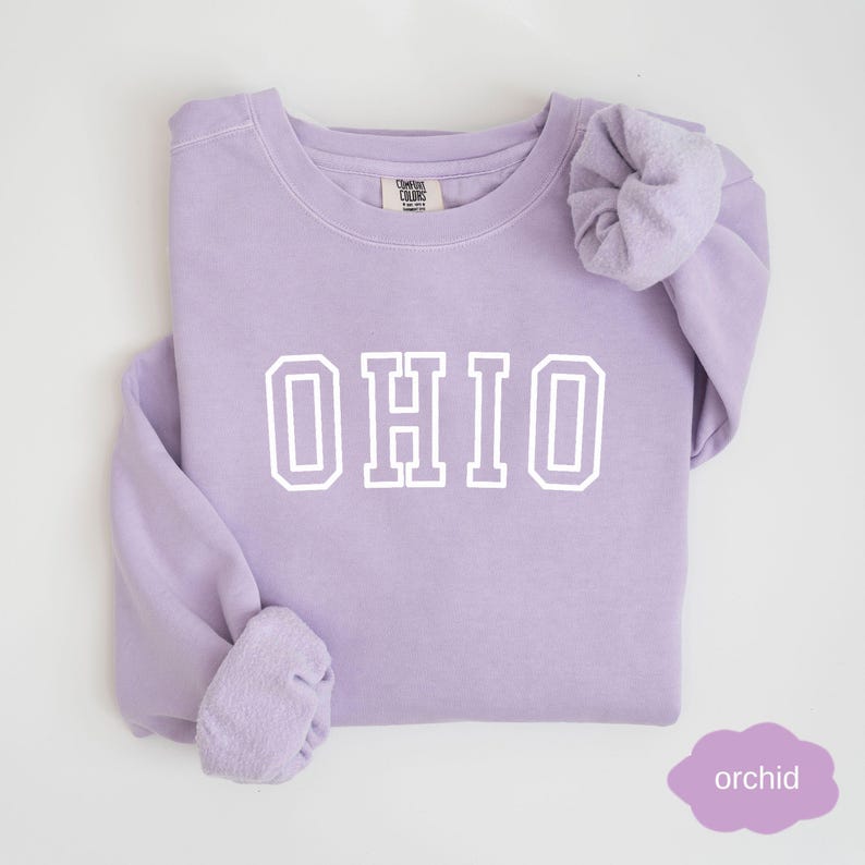 May include: A lavender sweatshirt with the word "OHIO" printed in white on the front. The sweatshirt has a crew neck and long sleeves.