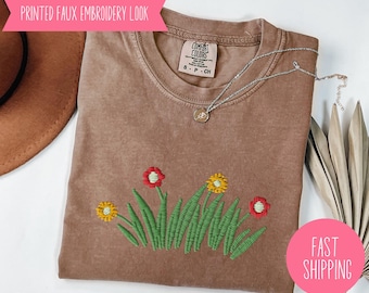 Faux Embroidery Wildflower Shirt, Comfort Colors Floral Tee, Boho Flower Graphic Shirt, Botanical Garden Mom Tee, Cute Plant Lover Gift