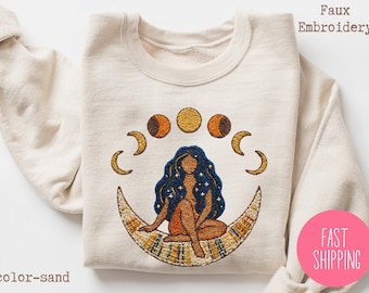 Sudadera de cuello redondo con bordado falso de diosa, sudadera con fases lunares, camiseta con fases lunares celestiales, jersey bohemio de bruja, regalo femenino del ciclo lunar