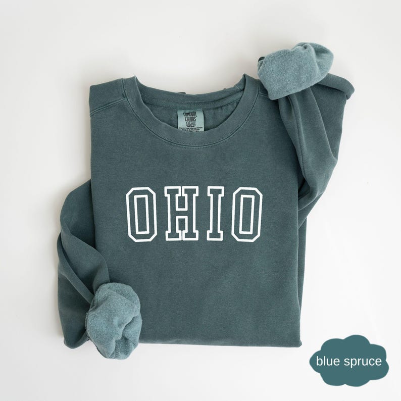 May include: A blue spruce sweatshirt with the word "OHIO" printed in white on the front.