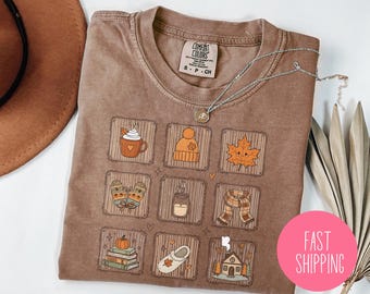 Comfort Colors Fall Aesthetic Shirt, Cozy Autumn Grid Tee, Cottagecore Pumpkin Candle Book Shirt, Cute Fall Outfit, Warm Homey Vibes Top