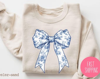 Toile De Jouy Coquette Bow Sweater,Blue Ribbon Sweatshirt,Girly Aesthetic Crewneck,Cute Coquette Bow Shirt,Toile Blue Bow Sweat,Gift For Mom