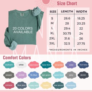 May include: A size chart for a sweatshirt with 20 colors available. The chart shows the length and width measurements in inches for sizes S through 3XL. The sweatshirt is shown in a teal color.