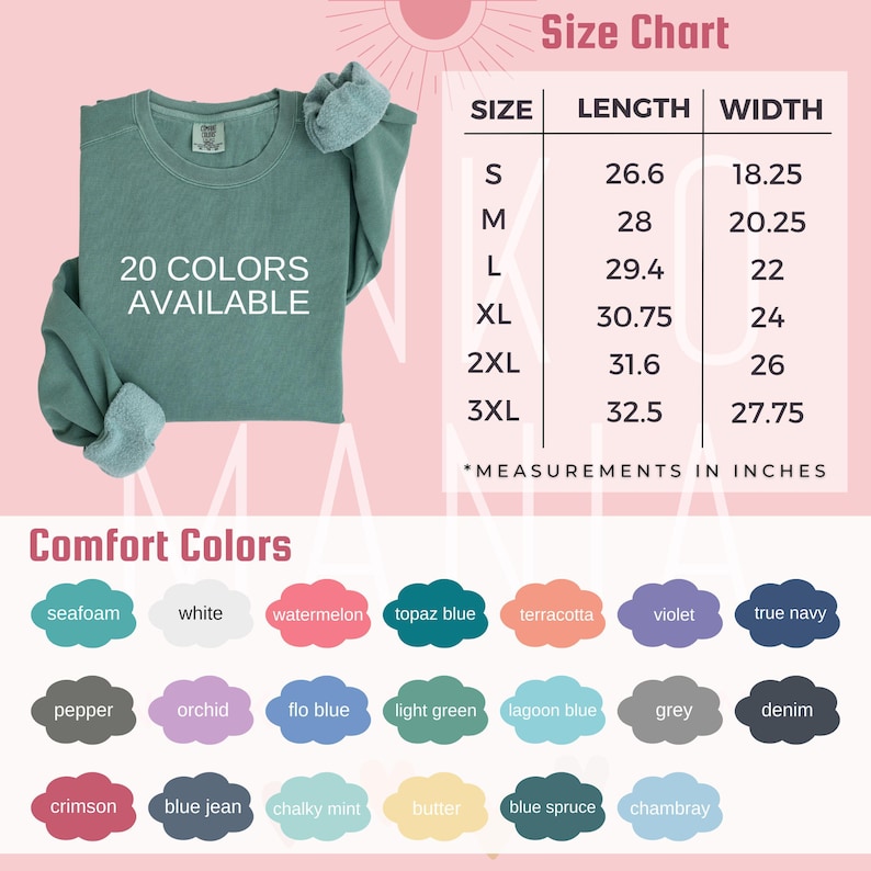 May include: A size chart for a sweatshirt with 20 colors available. The chart shows the length and width measurements in inches for sizes S through 3XL. The sweatshirt is shown in a teal color.
