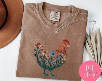 Floral Chicken Comfort Colors Shirt, Faux Embroidery Chicken Tee, Farmhouse Aesthetic T-Shirt, Rustic Country Shirt, Cottagecore Chicken Tee