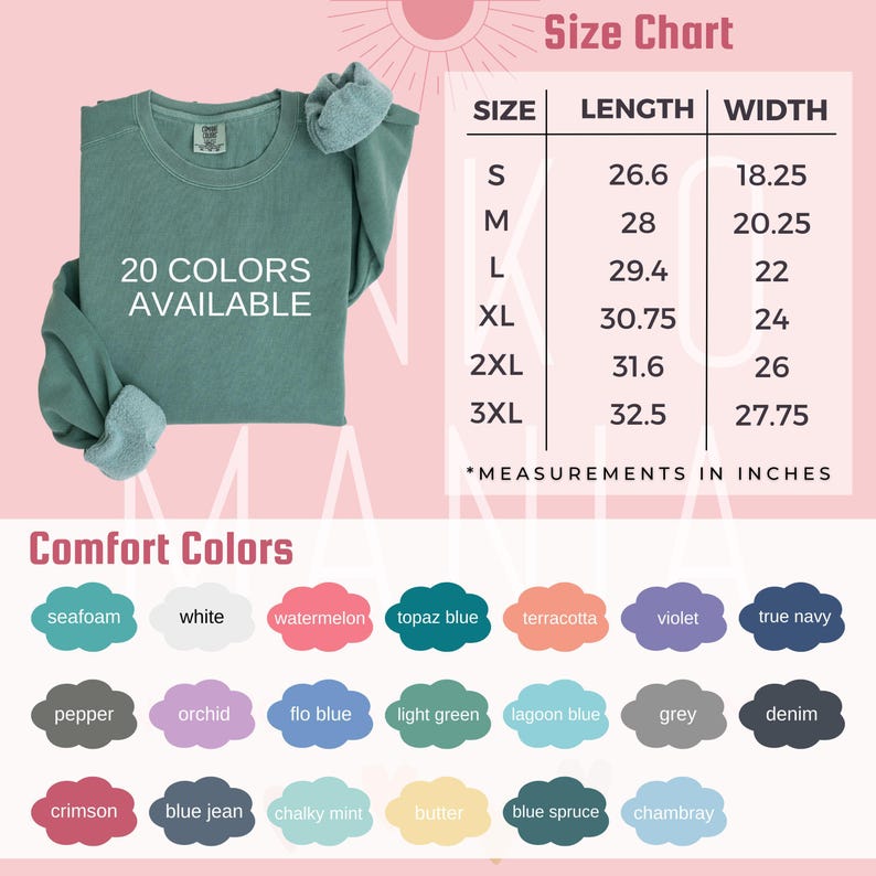 May include: A size chart for a sweatshirt with 20 colours available. The chart shows the length and width measurements in inches for sizes S through 3XL. The sweatshirt is shown in a teal colour.