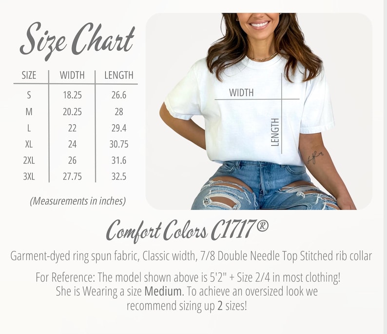 K&ouml;nnte beinhalten: Ein wei&szlig;es Comfort Colors C1717 T-Shirt mit einer Gr&ouml;&szlig;entabelle, die Breiten- und L&auml;ngenma&szlig;e in Zoll anzeigt. Die Tabelle umfasst die Gr&ouml;&szlig;en S bis 3XL. Das Model tr&auml;gt Gr&ouml;&szlig;e Medium.