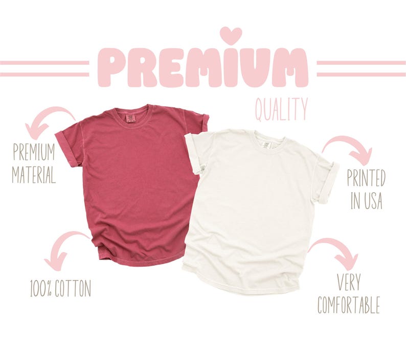 K&ouml;nnte beinhalten: Zwei kurz&auml;rmelige T-Shirts, eines in Staubrosa und das andere in Wei&szlig;, werden vor einem wei&szlig;en Hintergrund gezeigt. Das Bild enth&auml;lt den Text "PREMIUM QUALITY", "PREMIUM MATERIAL", "100% COTTON", "PRINTED IN USA" und "VERY COMFORTABLE".