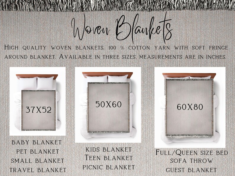 May include: Three woven blankets in different sizes, displayed on a light gray background. The blankets are made of 100% cotton yarn with soft fringe around the edges. The sizes are 37x52 inches, 50x60 inches, and 60x80 inches.