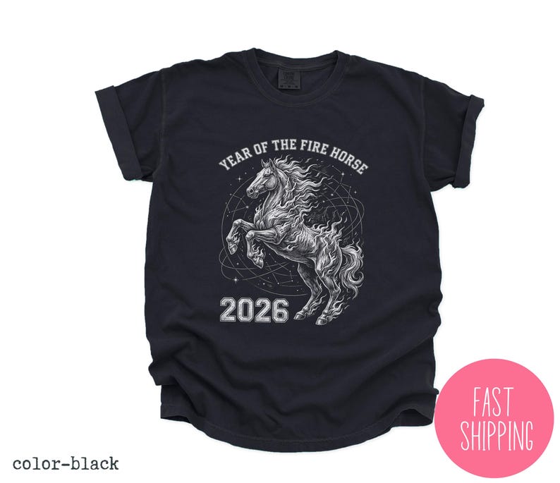K&ouml;nnte beinhalten: Schwarzes T-Shirt mit einer Grafik eines sich aufb&auml;umenden Pferdes mit flie&szlig;ender M&auml;hne, umgeben von einem himmlischen Design. Der Text "YEAR OF THE FIRE HORSE" und "2026" ist &uuml;ber und unter der Pferdeillustration gedruckt.
