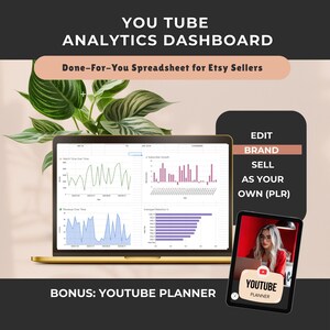 YouTube 統計トラッカー、Google スプレッドシートダッシュボードテンプレート作成ツール、KPI インサイト、自動更新チャート、YouTube プランナーバンドル付属