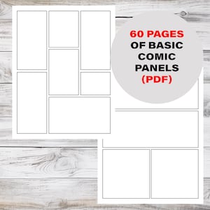 Puede incluir: Un PDF imprimible con 60 páginas de viñetas de cómic en blanco. Las viñetas están dispuestas en varios diseños, incluyendo viñetas simples, dobles y triples.