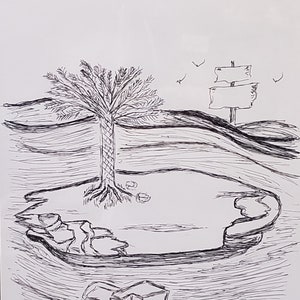 Approches d'un navire - Esquisse à l'encre sur papier cartonné blanc, une illustration à paraître dans l'un des livres d'images de Gray Tracer