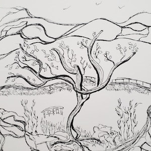 Chemin lointain est une esquisse originale à l'encre sur papier cartonné. Un examen attentif révèle les symboles kanji japonais de « paix »