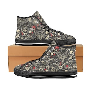 May include: High-top canvas sneakers with a black and white occult-themed pattern. The design includes symbols, illustrations, and the number 666 in red. The shoes have black soles with a white stripe and black laces.