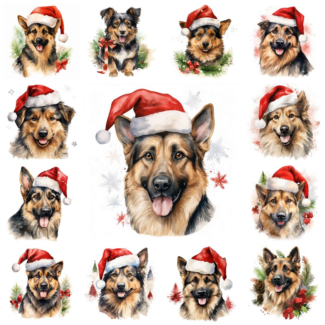 26 Christmas Shepherd Dog PNG Clipart, Watercolor Christmas German