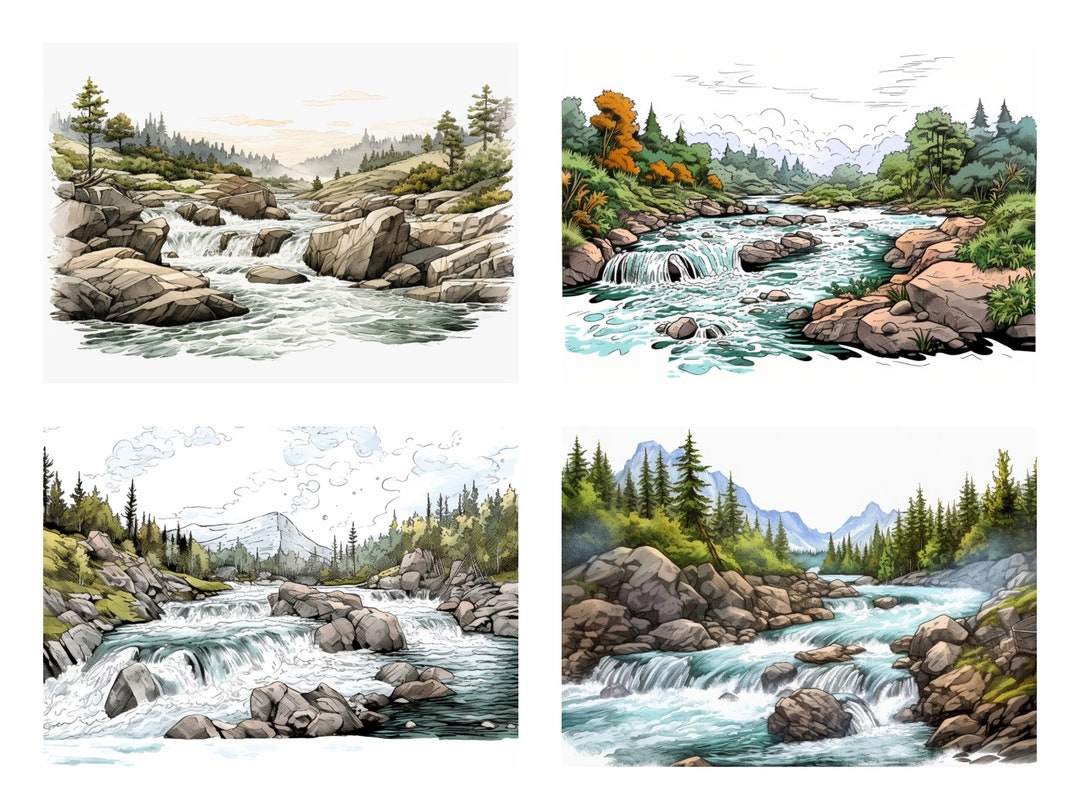 15 Rushing River Clipart, Highquality Watercolor Nautical River View