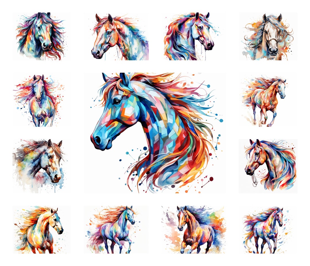 26 Abstract Horse Clipart, Watercolor Wild Horses PNG, Mustang Horse Portrait Illustration