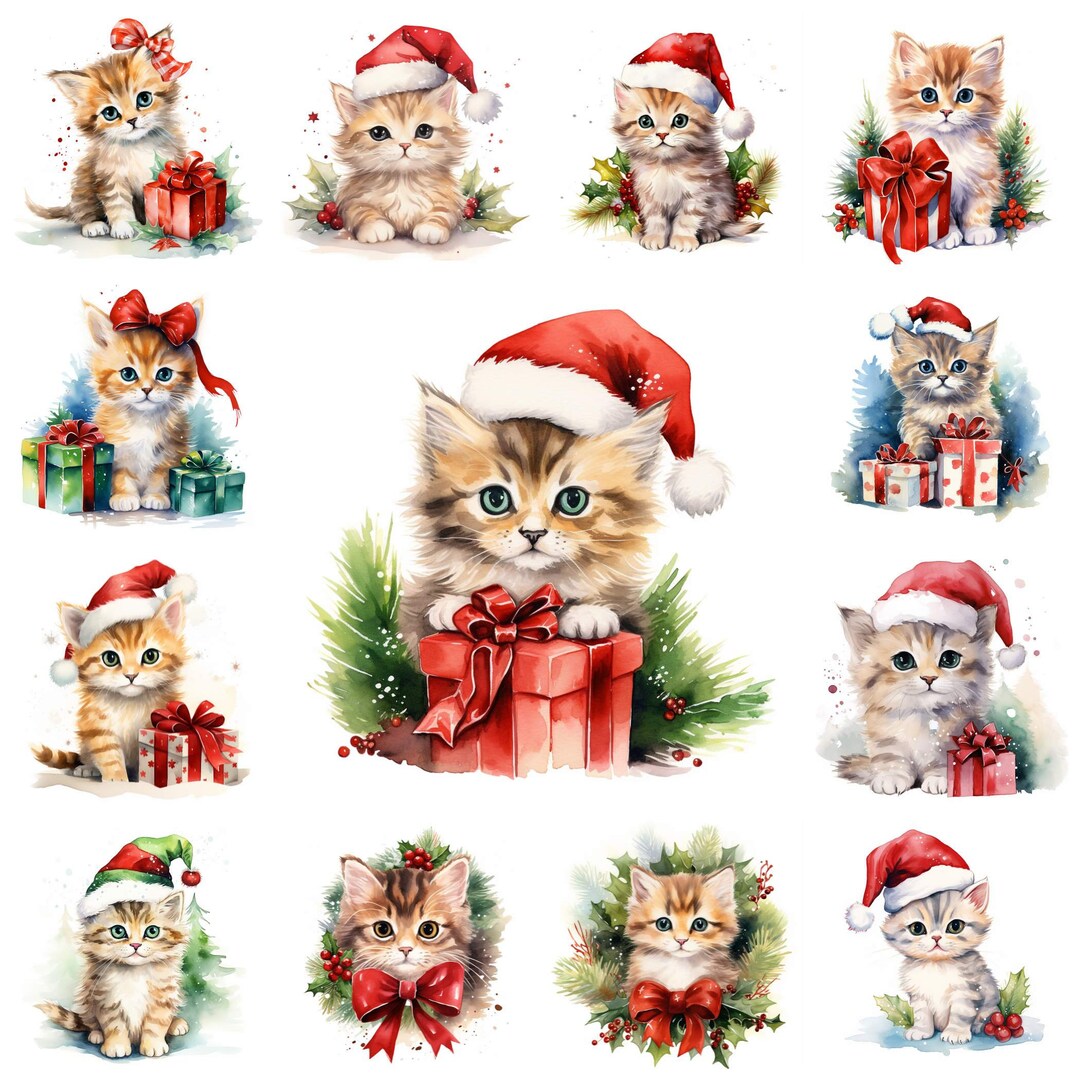 42 Christmas Kitten Clipart PNG Clipart, Watercolor Christmas Cat Gift ...
