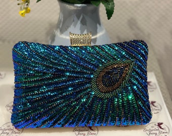 Green Clutch Purse, Peacock Design Bridal Clutch, Wedding Clutch For Women, Beaded Clutch Purse, Luxury Handbag