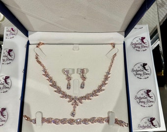 Cubic Zirconia Rose Gold Bridal Jewellery Set (Drop Earings)  With Gift Box