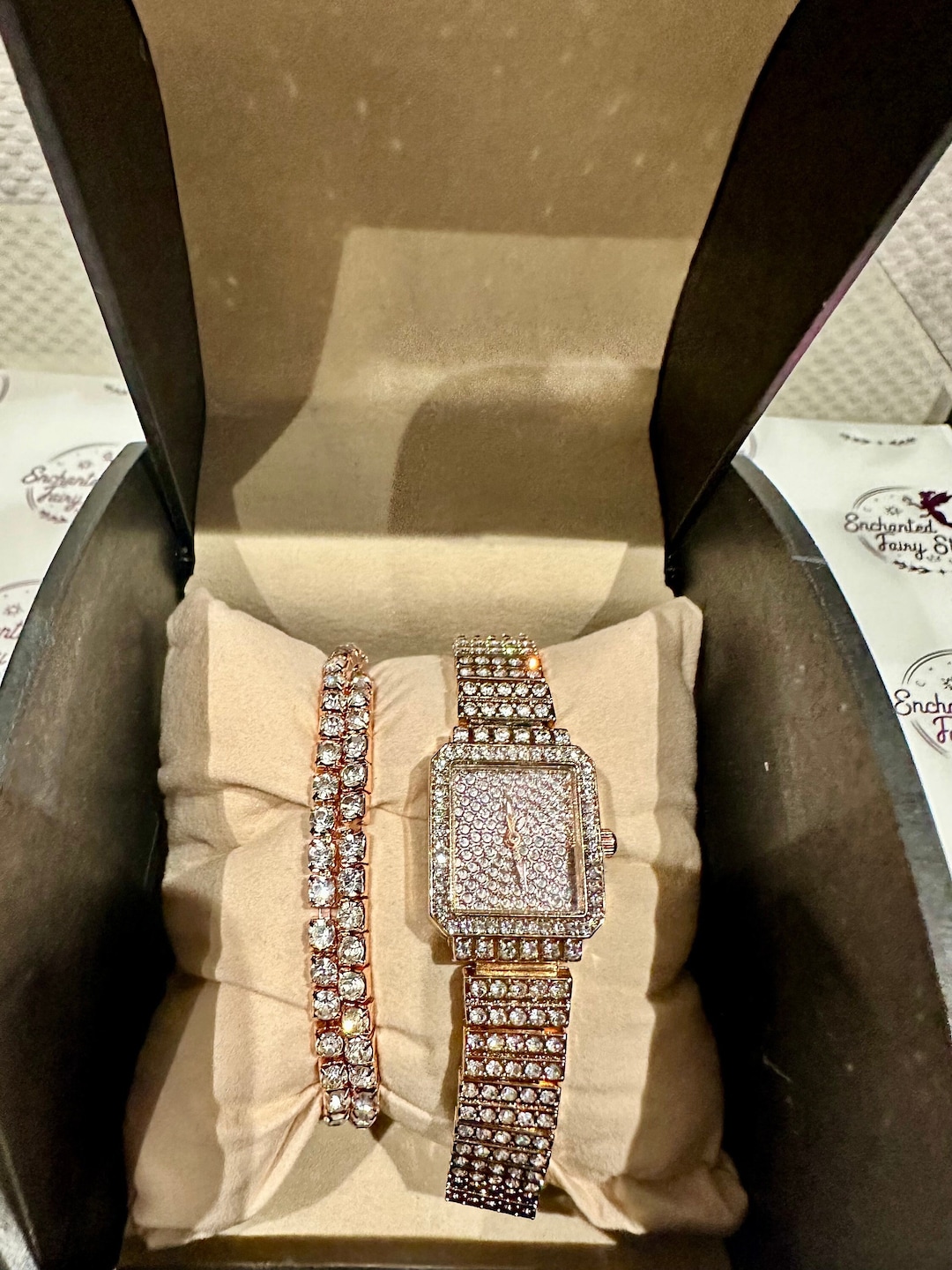 Luxury Rose Gold Wrist Watch Set With Gift Box, Bracelet Set